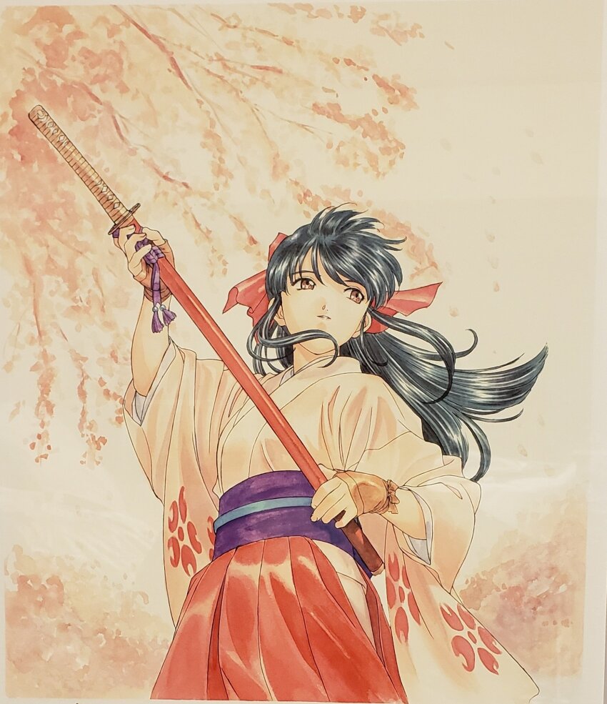 1girl black_hair bow breasts brown_eyes cherry_blossoms fingerless_gloves gloves hair_ribbon highres japanese_clothes legs long_skirt matsubara_hidenori medium_breasts official_art parted_lips ponytail red_bow ribbon sakura_taisen sega shinguuji_sakura skirt smile solo sword thighs traditional_media weapon