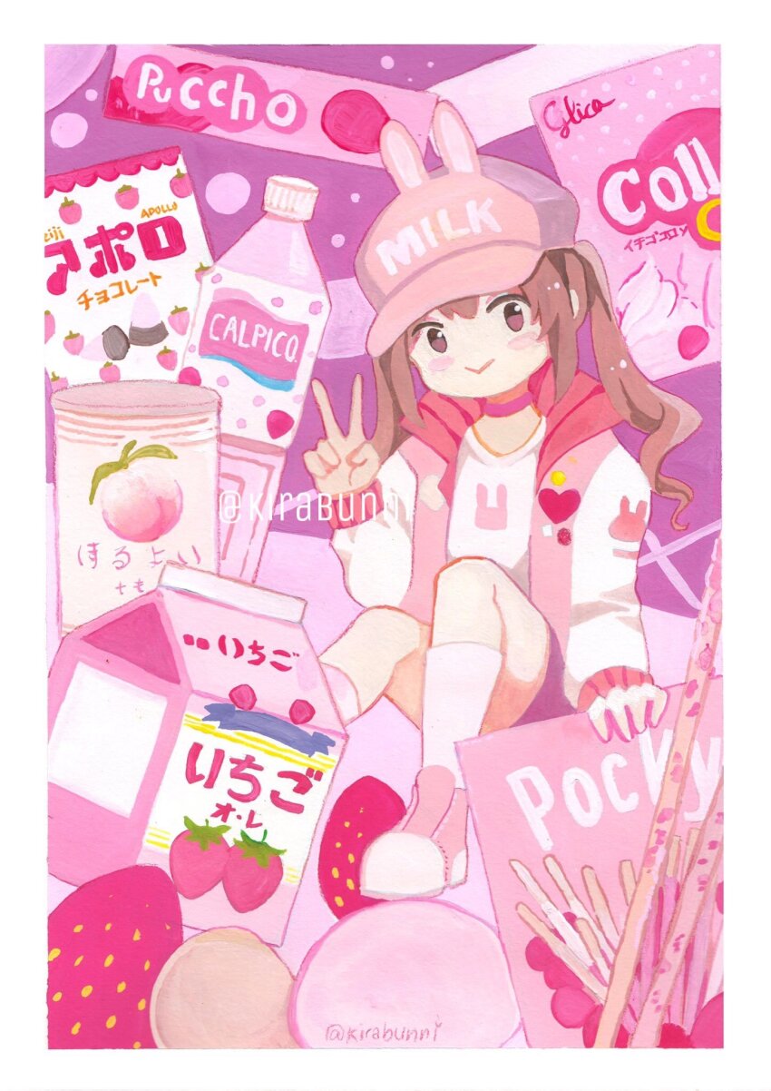 1girl :&gt; animal_ear_headwear animal_ears animal_print ankle_socks artist_name blush_stickers border box brown_eyes brown_hair calpis carton choker closed_mouth commentary deformed english_commentary fake_animal_ears food fruit full_body hand_rest hand_up hat heart_pin highres hood hood_down hoodie kirabunni knees_up long_hair long_sleeves milk_carton mini_person minigirl multicolored_shoes no_nose no_sclera open_clothes open_hoodie original peach pink_choker pink_hat pink_shoes pink_theme pocky puccho_(candy) rabbit_ears rabbit_print shirt shoes sitting smile socks solo strawberry strawberry_milk strawberry_pocky t-shirt traditional_media twintails two-tone_shoes v watermark white_border white_shirt white_shoes white_sleeves white_socks