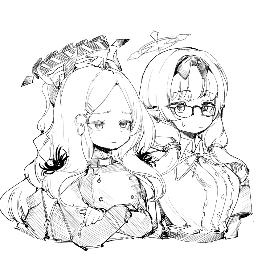 2girls armband blue_archive chinatsu_(blue_archive) glasses greyscale halo highres hina_(blue_archive) horns maton_3110 monochrome multiple_girls multiple_horns parted_bangs pointy_ears simple_background sweatdrop unamused white_background