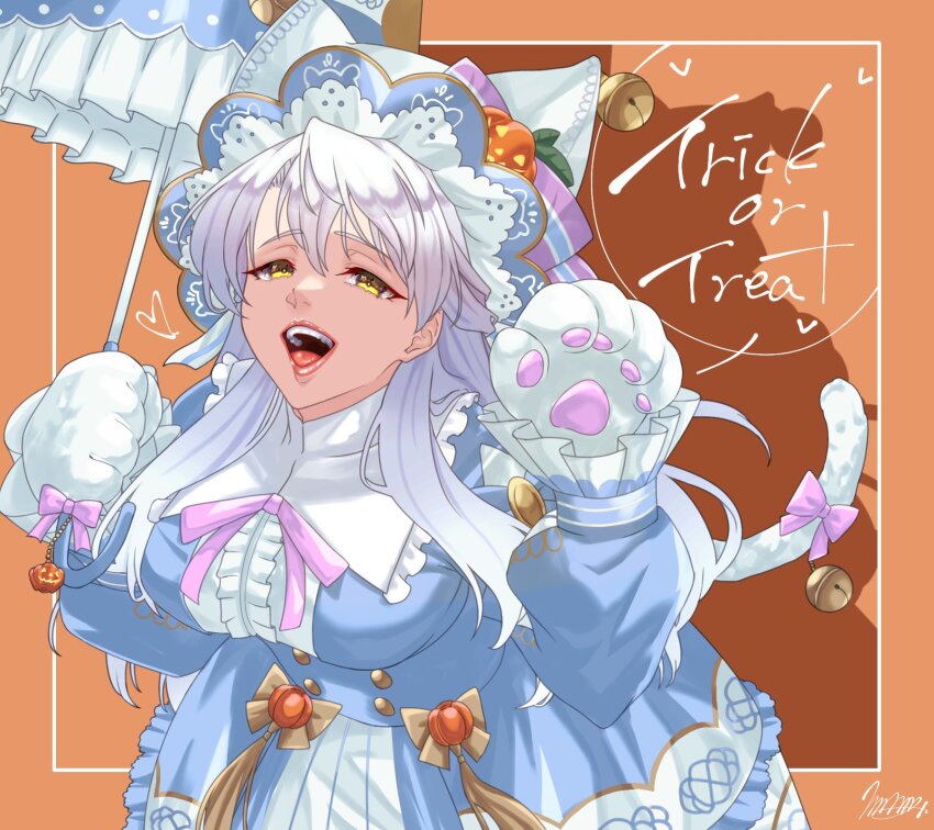 1girl :d alternate_costume animal_hands breasts cat_paw cat_paws cat_tail cosplay dress english_text fake_tail fire_emblem fire_emblem:_radiant_dawn fire_emblem:_three_houses fire_emblem_heroes flayn_(fire_emblem) flayn_(fire_emblem)_(cosplay) flayn_(halloween)_(fire_emblem) gloves hair_ornament halloween halloween_costume highres holding holding_umbrella jack-o&#039;-lantern jack-o&#039;-lantern_hat_ornament large_breasts leaning_forward light_blue_dress long_hair looking_at_viewer marth-chan_(micaiah_mrmm) micaiah_(fire_emblem) nintendo open_mouth orange_background paw_gloves signature smile solo tail teeth trick_or_treat umbrella yellow_eyes