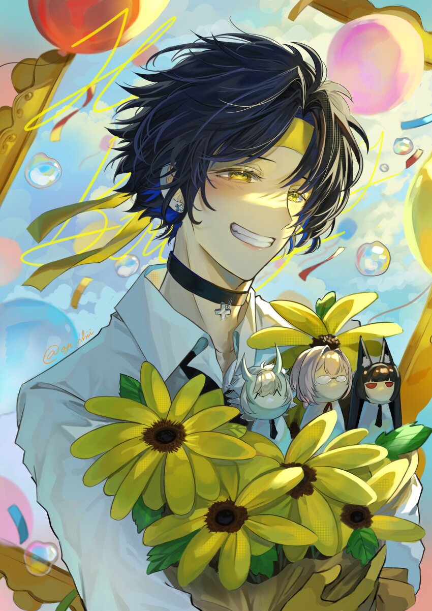 1boy aji_chii asaba_harumasa balloon black_choker black_hair blush bouquet character_doll choker collarbone commentary doll earrings english_commentary flower gloves grin half-closed_eyes happy_birthday headband highres holding holding_bouquet hoshimi_miyabi jewelry male_focus outdoors parted_bangs parted_lips shirt short_hair smile solo soukaku_(zenless_zone_zero) tsukishiro_yanagi twitter_username upper_body white_shirt yellow_eyes yellow_flower yellow_gloves yellow_headband zenless_zone_zero