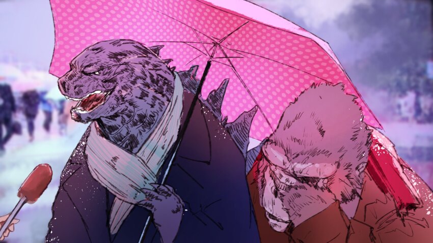 absurdres blurry blurry_background covering_face crossover embarrassed facepalm godzilla godzilla_(series) godzilla_x_kong:_the_new_empire gorilla hand_on_own_face highres holding holding_umbrella hyde_(tabakko) interview kaiju king_kong king_kong_(series) kong_(monsterverse) legendary_pictures long_sleeves meme microphone monsterverse no_humans open_mouth outdoors pink_umbrella polka_dot polka_dot_umbrella scarf shared_umbrella special_feeling_(meme) toho umbrella upper_body white_scarf winter_clothes