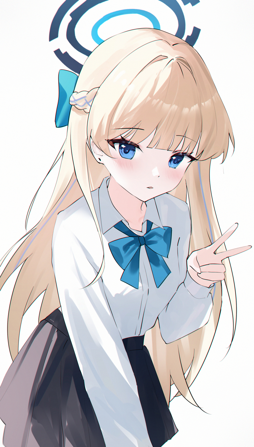 1girl absurdres black_skirt blonde_hair blue_archive blue_bow blue_bowtie blue_eyes blue_halo blunt_bangs bow bowtie braid collared_shirt commentary cowboy_shot hair_bow hair_intakes half_up_braid halo highres long_hair looking_at_viewer official_alternate_costume parted_lips school_uniform shirt simple_background skirt solo toki_(blue_archive) toki_(school_uniform)_(blue_archive) usagi_(786113654) v very_long_hair white_background white_shirt