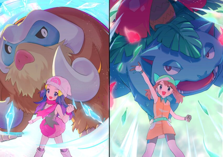 2girls :d abe_(kumayu) bandana beanie bike_shorts boots brown_hair clenched_hand collared_dress commentary_request dawn_(pokemon) dress gen_1_pokemon gen_4_pokemon gloves green_bandana hair_ornament hairclip hat highres leaf long_hair mamoswine may_(pokemon) multiple_girls nintendo open_mouth orange_dress petals pink_scarf pink_skirt pokemon pokemon_(anime) pokemon_(creature) pokemon_dppt_(anime) scarf shirt skirt sleeveless sleeveless_dress sleeveless_shirt smile venusaur
