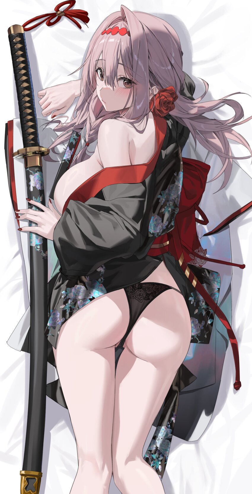 1girl absurdres ass bankongping bare_legs bed_sheet black_kimono black_panties breasts closed_mouth clothing_aside commentary_request flower from_above goddess_of_victory:_nikke grey_hair hairband highres japanese_clothes katana kimono lace lace-trimmed_panties lace_trim large_breasts long_hair looking_at_viewer lying no_bra official_alternate_costume on_stomach open_clothes open_kimono panties red_eyes red_flower red_hairband red_nails red_rose red_sash rose sash scarlet_(black_shadow)_(longing_flower)_(nikke) scarlet_(nikke) second-party_source sheath sheathed solo string_panties sword underwear weapon