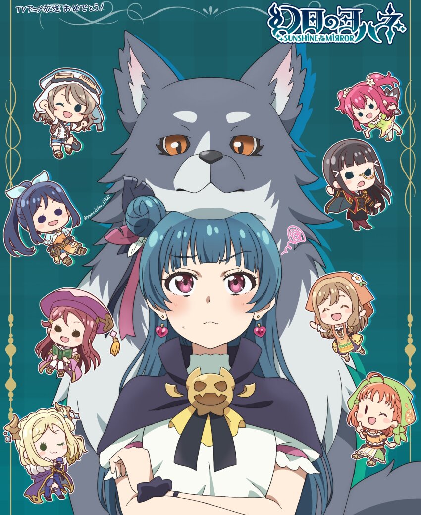 6+girls black_capelet black_hair black_scrunchie blonde_hair blue_hair blush book brown_hair capelet chibi chika_(genjitsu_no_yohane) crossed_arms demon_horns dia_(genjitsu_no_yohane) dog earrings fairy fairy_wings feather_hair_ornament feathers genjitsu_no_yohane goggles goggles_on_head green_headscarf green_headwear hair_bun hair_ornament hanamaru_(genjitsu_no_yohane) headscarf heart heart_earrings highres holding holding_book horns jewelry kanan_(genjitsu_no_yohane) kunikida_hanamaru kurosawa_dia kurosawa_ruby lailaps_(genjitsu_no_yohane) long_hair love_live! love_live!_sunshine!! mari_(genjitsu_no_yohane) matsuura_kanan multiple_girls ohara_mari orange_hair orange_headscarf orange_headwear purple_eyes purple_headwear red_hair riko_(genjitsu_no_yohane) ruby_(genjitsu_no_yohane) sakurauchi_riko scrunchie single_side_bun takami_chika tsushima_yoshiko twintails watanabe_you white_headwear wings wrist_scrunchie yohane_(genjitsu_no_yohane) you_(genjitsu_no_yohane) yumechiku