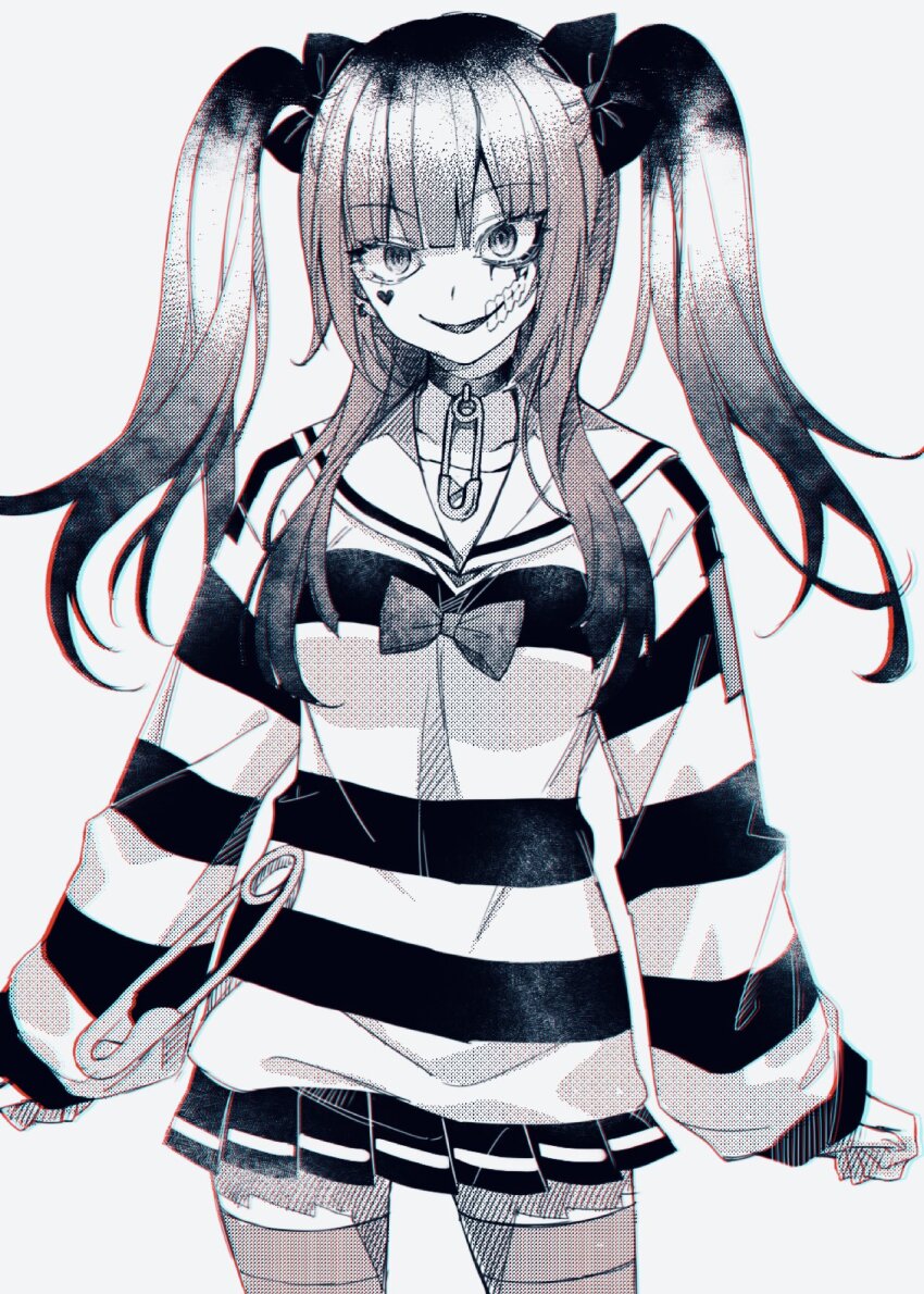 1girl amemiya_darumi arms_at_sides ben-day_dots bow choker commentary_request facial_mark greyscale grin hair_bow heart heart_facial_mark highres long_hair looking_at_viewer makeup miniskirt monochrome multicolored_hair roots_(hair) runny_makeup safety_pin sailor_collar screentones sgawarananto simple_background skirt smile solo striped_clothes the_hundred_line_-last_defense_academy- thighhighs twintails