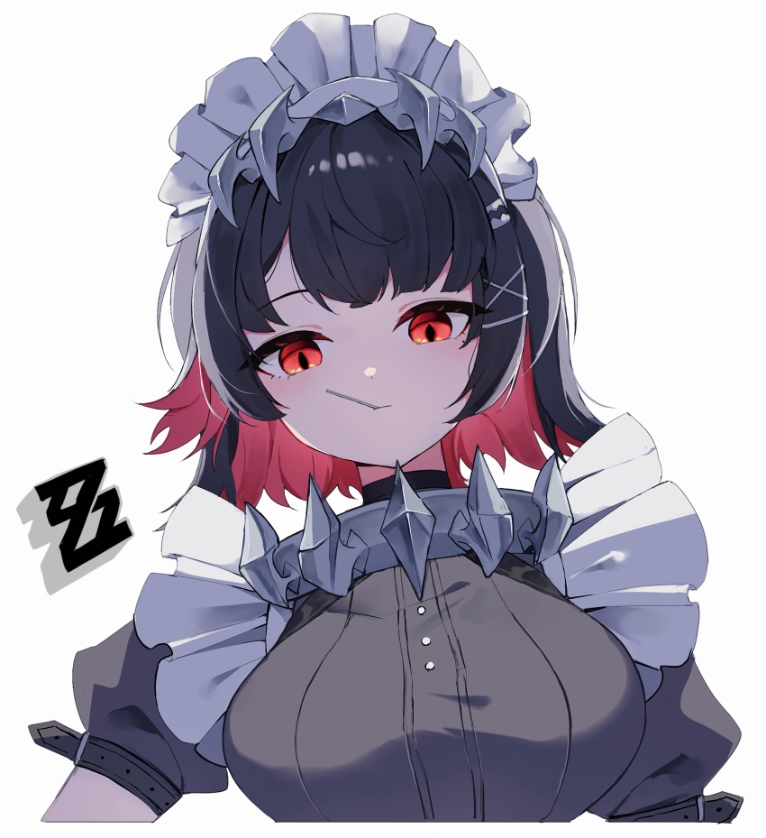 1girl absurdres black_hair breasts colored_inner_hair commentary_request ellen_joe hair_ornament highres large_breasts looking_at_viewer maid maid_headdress mouth_hold multicolored_hair nirako_mona puffy_short_sleeves puffy_sleeves red_eyes red_hair short_sleeves simple_background solo two-tone_hair upper_body white_background x_hair_ornament zenless_zone_zero
