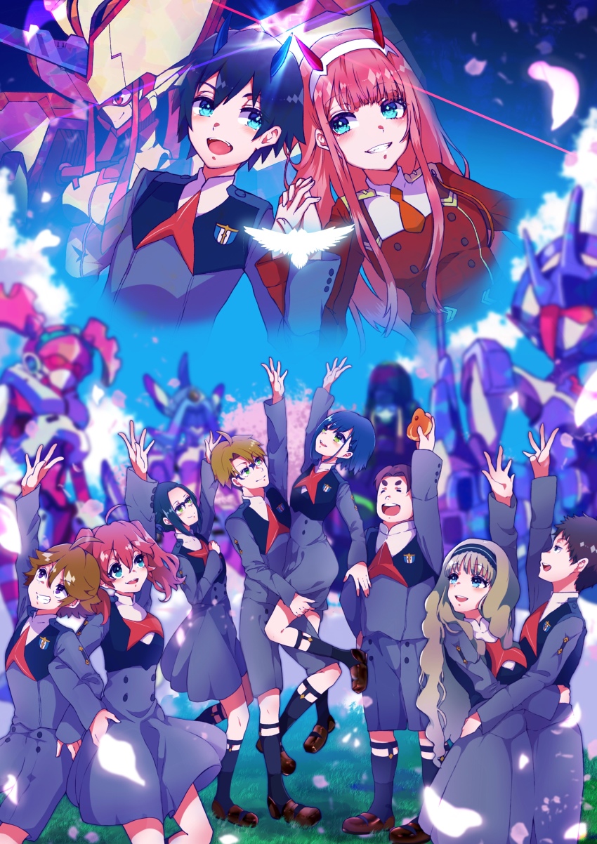 10s 5boys 5girls absurdres ahoge argentea_(darling_in_the_franxx) bird black_hair blonde_hair blue_eyes blue_hair blue_horns blue_sky blush breasts brown_footwear brown_hair cherry_blossoms chlorophytum closed_eyes cloud cloudy_sky commentary_request couple darling_in_the_franxx day delphinium_(darling_in_the_franxx) dress floating_hair flower food futoshi_(darling_in_the_franxx) genista_(darling_in_the_franxx) glasses gorou_(darling_in_the_franxx) grass green_eyes grey_dress grey_legwear grey_shirt grey_shorts hair_ornament hairband hand_on_another&#039;s_hip hand_on_another&#039;s_leg hand_on_another&#039;s_waist hand_on_own_chest hand_on_own_hip hand_on_thigh hand_up hetero highres hiro_(darling_in_the_franxx) holding holding_food holding_hands holding_leg horns hug ichigo_(darling_in_the_franxx) ikuno_(darling_in_the_franxx) interlocked_fingers kokoro_(darling_in_the_franxx) light_brown_hair locked_arms long_hair long_sleeves looking_up mecha medium_breasts miku_(darling_in_the_franxx) military military_uniform mitsuru_(darling_in_the_franxx) multiple_boys multiple_girls necktie oni_horns orange_neckwear petals pink_hair ponytail purple_eyes purple_hair purple_hairband red_dress red_hair red_horns red_neckwear robot shirt shoes short_hair shorts sky small_breasts socks strelizia thick_eyebrows thighs tree twintails white_hairband yoshi2_oide zero_two_(darling_in_the_franxx) zorome_(darling_in_the_franxx)