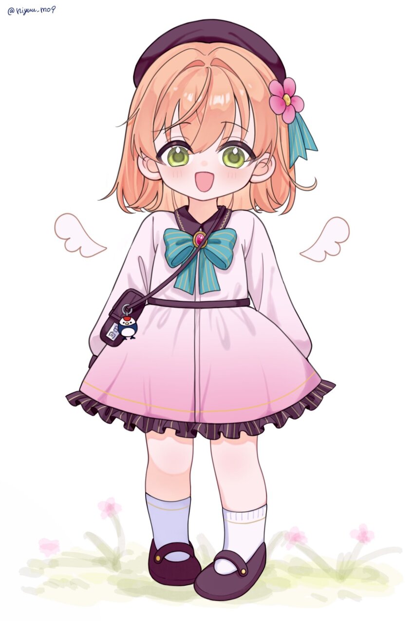 1girl :d animal_charm aqua_bow aqua_bowtie bag beret blush bow bowtie brown_bag brown_hat brown_shoes charm_(object) collared_dress drawn_wings dream_believers dress flower frilled_dress frills full_body hair_flower hair_intakes hair_ornament hat highres if_they_mated ips_cells link!_like!_love_live! long_sleeves looking_at_viewer love_live! mary_janes nin_(niyuu_mo9) open_mouth otomune_hinata_(soora0202) photoshop_(medium) pink_dress pink_flower pinstripe_pattern school_bag shoes simple_background smile socks solo standing toddler tsuru_(love_live!) twitter_username white_background white_socks