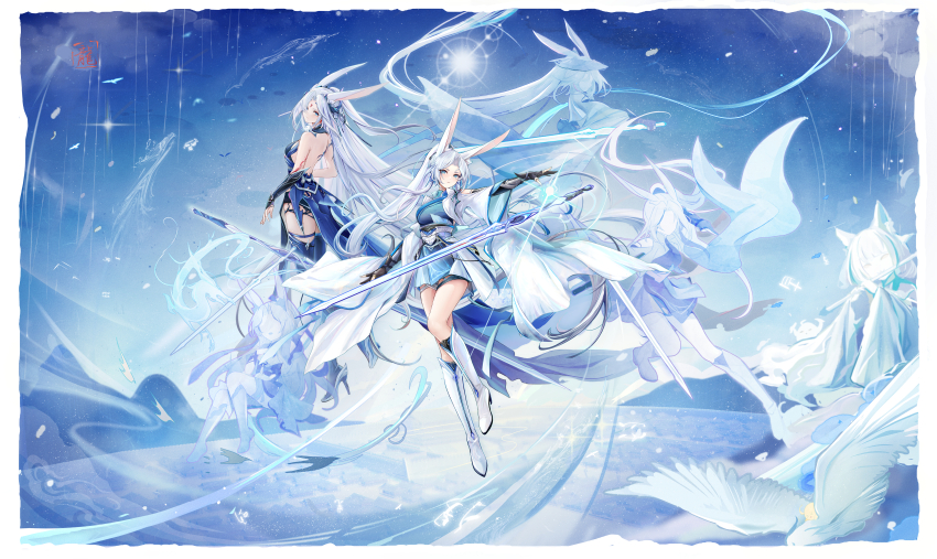 2girls absurdres alternate_costume animal_ears azur_lane backless_dress backless_outfit banchiyuebai blue_boots blue_eyes blue_kimono boots commentary_request dress haori high_heels high_ponytail highres hiryuu_(azur_lane) hiryuu_(meta)_(azur_lane) holding holding_sword holding_weapon japanese_clothes kimono long_hair long_sleeves multiple_girls multiple_persona ponytail rabbit_ears rabbit_girl short_kimono sleeveless sleeveless_dress sword thigh_gap very_long_hair weapon white_boots white_hair white_haori