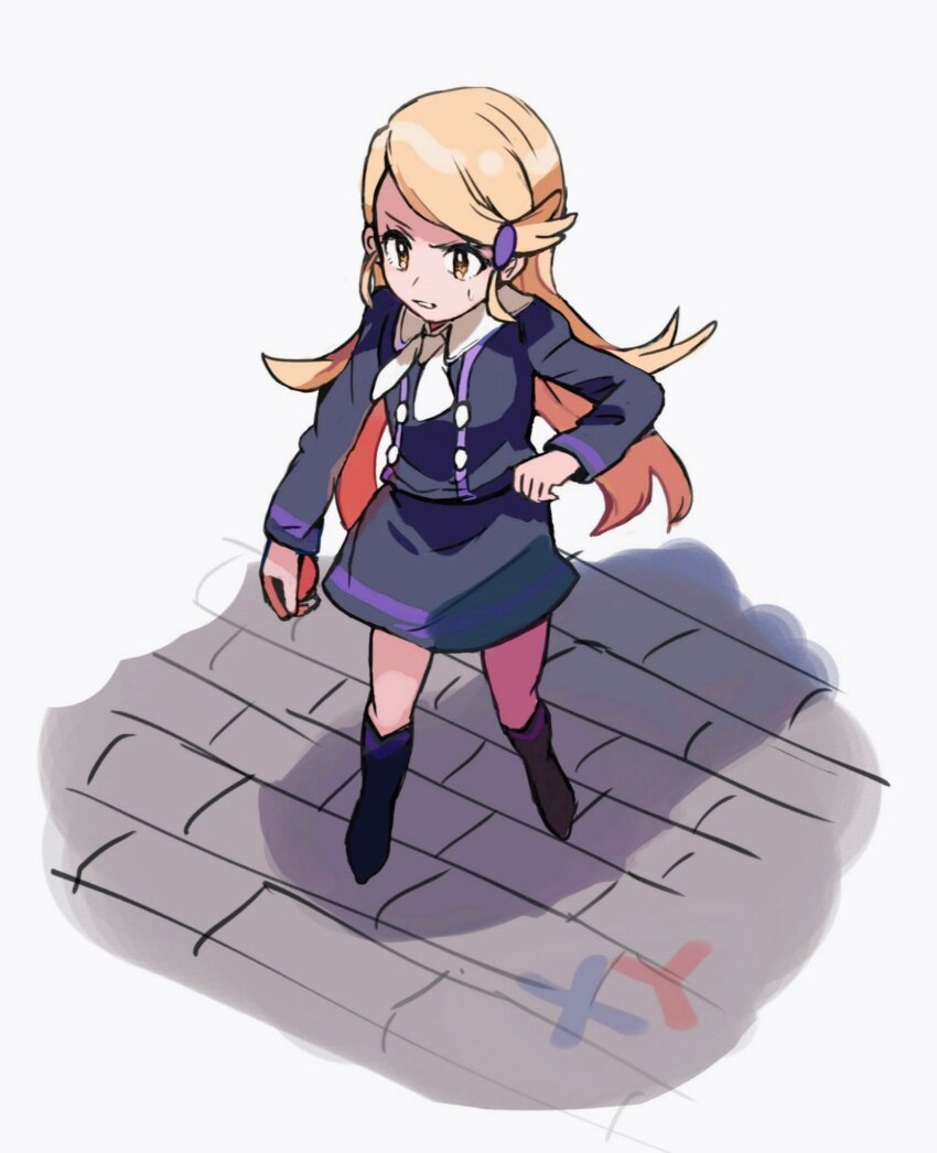 1girl ace_trainer_(female)_(pokemon_xy) ace_trainer_(pokemon) ascot black_boots black_shirt black_skirt blonde_hair boots copyright_name from_above full_body hair_ornament highres holding holding_poke_ball knee_boots legs_apart long_hair long_sleeves miniskirt nintendo orange_eyes poke_ball poke_ball_(basic) pokemon pokemon_xy shadow shichibee_(stm_mimi) shirt simple_background skirt solo standing v-shaped_eyebrows white_ascot white_background
