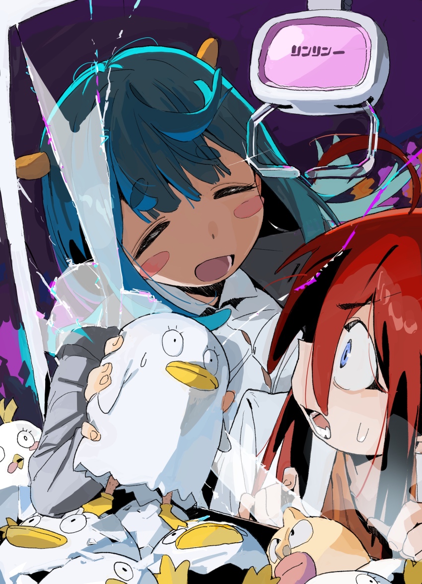 2girls absurdres aqua_hair blue_eyes broken_glass closed_eyes commentary crane_game elizabeth_(gintama) gintama glass highres hipa_(some1else45) horns kinnikuman kinnikuman_(character) long_hair multiple_girls nahia_(some1else45) open_mouth original red_hair some1else45 stuffed_toy sweatdrop