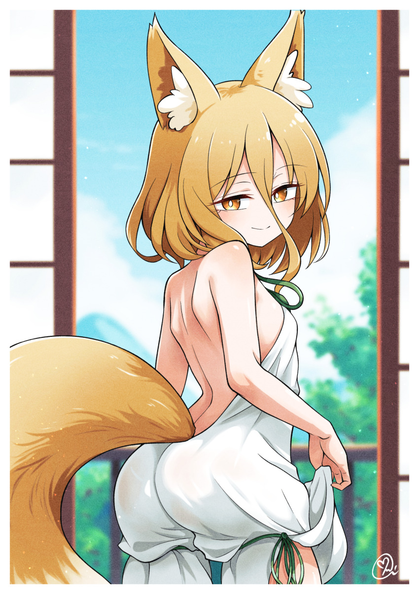 1girl animal_ear_fluff animal_ears ass back bare_shoulders blonde_hair blue_sky blush breasts clothes_lift cloud day fox_ears fox_girl fox_tail green_ribbon hair_between_eyes highres indoors kudamaki_tsukasa looking_at_viewer looking_back outdoors ribbon romper scavia10 short_hair sideboob sky sliding_doors small_breasts solo tail touhou tree two-tone_tail white_romper yellow_eyes