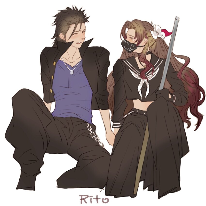 1boy 1girl aerith_gainsborough aerith_gainsborough_(midgard_seventh_high_school) artist_name black_gloves black_hair black_jacket black_pants black_sailor_collar black_serafuku black_skirt blue_shirt brown_hair chain_belt closed_eyes collarbone commentary_request cropped_jacket cropped_shirt delinquent facing_another feet_out_of_frame final_fantasy final_fantasy_vii final_fantasy_vii_ever_crisis flower gakuran gloves hair_flower hair_ornament hair_ribbon highres holding jacket jewelry long_hair long_skirt looking_to_the_side mask midriff mouth_mask neckerchief necklace official_alternate_costume open_clothes open_jacket pants parted_bangs red_ribbon ribbon sailor_collar school_uniform serafuku shirt short_hair sitting skirt spiked_hair sukeban tears tori_(labyrinth_fft) white_background white_flower white_neckerchief zack_fair zack_fair_(midgard_seventh_high_school)