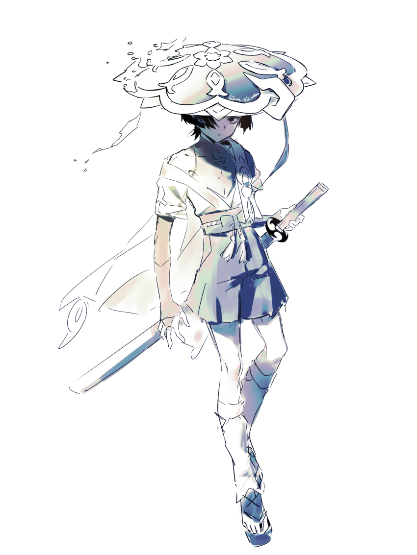 1boy arms_at_sides belt black_eyes black_hair blunt_ends bodysuit bow bridal_gauntlets cape closed_mouth covered_collarbone empty_eyes feathers full_body furisode gem genshin_impact glaring hag_(hag_015) hair_over_one_eye hat highres holding holding_sword holding_weapon japanese_clothes jingasa katana kimono leg_warmers looking_at_viewer male_focus middle_ring monochrome open_clothes open_kimono pom_pom_(clothes) rope sandals sash scaramouche_(genshin_impact) sheath sheathed shorts single_off_shoulder solo sword toes twitter_username wanderer_(genshin_impact) weapon white_background zouri