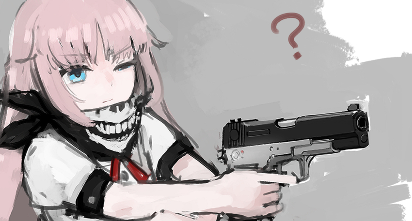 1girl ? black_scarf blue_eyes bren_ten bren_ten_(girls&#039;_frontline) dornaus_&amp;_dixon_enterprises female_focus girls&#039;_frontline grey_background gun handgun long_hair one_eye_closed pink_hair pistol rampart1028 scarf shirt short_sleeves skull_print solo upper_body weapon white_shirt