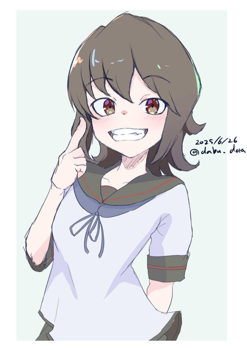 1girl absurdres black_hair black_sailor_collar blue_neckerchief brown_eyes dabu_dora dated grin highres kantai_collection looking_at_viewer miyuki_(kancolle) miyuki_kai_ni_(kancolle) neckerchief one-hour_drawing_challenge sailor_collar sailor_shirt shirt short_hair smile solo twitter_username upper_body white_shirt