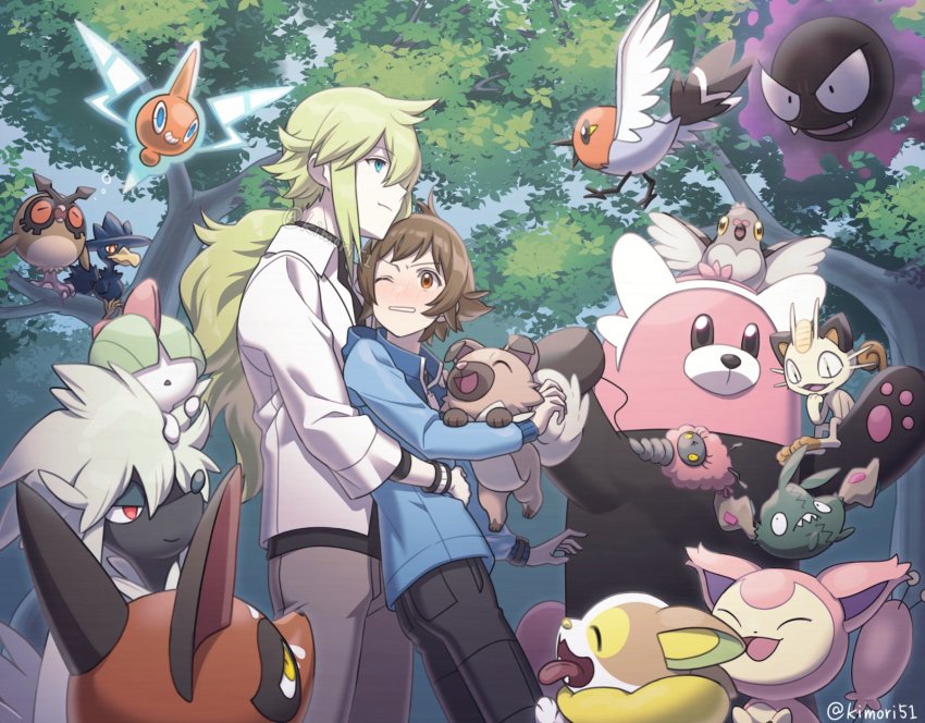 2boys bewear blue_jacket blush brown_eyes brown_hair burmy closed_mouth collared_shirt commentary_request day fletchling furfrou gastly gen_1_pokemon gen_2_pokemon gen_3_pokemon gen_4_pokemon gen_5_pokemon gen_6_pokemon gen_7_pokemon gen_8_pokemon highres hilbert_(pokemon) hoothoot jacket long_sleeves male_focus meowth multiple_boys murkrow n_(pokemon) nagiru nickit nintendo one_eye_closed outdoors pants parted_lips pidove pokemon pokemon_(creature) pokemon_bw ralts rockruff rotom rotom_(normal) shirt short_hair skitty tree trubbish twitter_username white_shirt wristband yamper