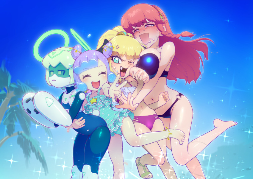 1other 3girls :d anger_vein anklet aqua_eyes aqua_one-piece_swimsuit bare_arms bare_legs bare_shoulders barefoot bikini black_bikini blonde_hair blue_background blue_hair blue_sky blush braided_sidelock breast_press breasts closed_eyes dot_nose drooling facing_viewer fang frilled_bikini frilled_one-piece_swimsuit frills furrowed_brow grabbing_another&#039;s_breast groping half-closed_eyes happy hug jewelry jitome kirara_mami large_breasts long_hair medium_hair multicolored_hair multiple_girls muramura_hito navel no_pupils okanega_arisu one-piece_swimsuit open_mouth outdoors palm_tree parted_lips pink_bikini pink_eyes pink_hair puniru_(puniru_wa_kawaii_slime) puniru_wa_kawaii_slime purple_hair raised_eyebrows robot runruun_(puniru_wa_kawaii_slime) sky smile sparkle standing standing_on_one_leg straight_hair sweat swimsuit tree two-tone_hair v v-shaped_eyebrows