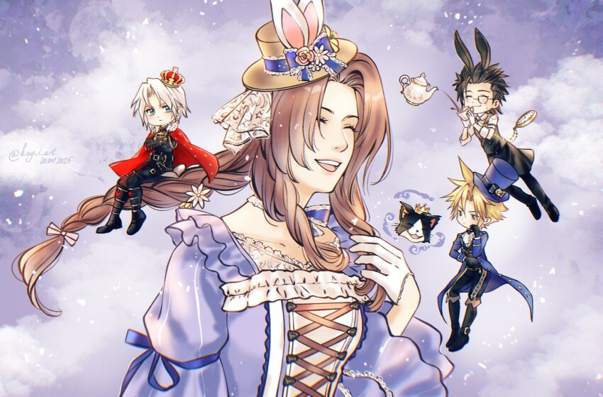 1girl 3boys aerith_gainsborough aerith_gainsborough_(classic_coney) animal_ears aqua_eyes black_fur black_gloves black_hair black_hat black_pants blonde_hair blue_choker blue_coat blue_dress braid braided_ponytail breasts brown_hair butler cait_sith_(final_fantasy) cape chibi choker closed_eyes cloud_strife coat crossed_arms crown cup dated dress final_fantasy final_fantasy_vii final_fantasy_vii_ever_crisis flower full_body gloves gold_trim grey_hair hair_between_eyes hair_flower hair_ornament hair_slicked_back half_gloves hand_on_own_chest hat holding holding_cup kay-i long_hair long_sleeves medium_breasts mini_crown mini_hat monocle multiple_boys official_alternate_costume open_mouth pants parted_bangs pocket_watch puffy_long_sleeves puffy_sleeves rabbit_ears red_cape ribbon_choker sephiroth sephiroth_(ever_crisis) sephiroth_(shinra_formal_uniform) short_hair sidelocks single_braid smile spiked_hair teacup teapot top_hat tuxedo_cat twitter_username two-tone_fur upper_body watch white_fur white_gloves zack_fair zack_fair_(bunny_butler)