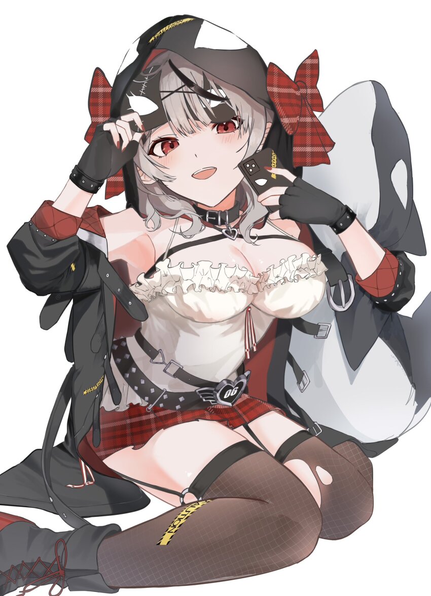 1girl :d animal_hood arm_up armpits belt belt_collar black_boots black_gloves black_jacket black_streaks black_thighhighs blush boots bow breasts buckle caution_tape cleavage collar fingerless_gloves gloves grey_hair hair_between_eyes hair_bow hair_ornament hairclip hashtag-only_commentary heart_collar highres holding holding_phone hololive hood hood_up hoodie jacket lace-up_boots large_breasts long_sleeves looking_at_viewer mask mask_lift mask_on_head medium_hair miniskirt multicolored_hair multicolored_jacket nail_polish on_floor open_clothes open_jacket open_mouth orca orca_hood pa_factory pendant_collar phone plaid_bow plaid_clothes plaid_skirt red_eyes red_nails sakamata_chloe sakamata_chloe_(1st_costume) simple_background sitting skirt smile solo striped_blush studded_belt studded_gloves stuffed_orca thighhighs two-tone_jacket virtual_youtuber white_background x_hair_ornament zettai_ryouiki