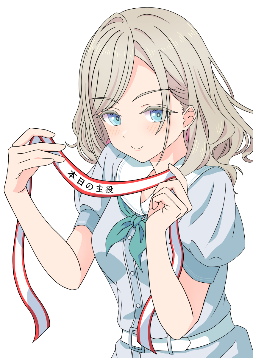 1girl absurdres aqua_neckerchief blue_dress blue_eyes breast_pocket ceras_yanagida_lilienfeld closed_mouth commentary_request dress grey_hair hair_ribbon hasu_no_sora_school_uniform highres holding_headband kara_iroha link!_like!_love_live! long_hair long_sleeves looking_at_viewer love_live! neckerchief pink_ribbon pocket puffy_short_sleeves puffy_sleeves ribbon sailor_collar sailor_dress school_uniform short_sleeves simple_background smile solo split_mouth summer_uniform unworn_headband upper_body virtual_youtuber white_background white_sailor_collar