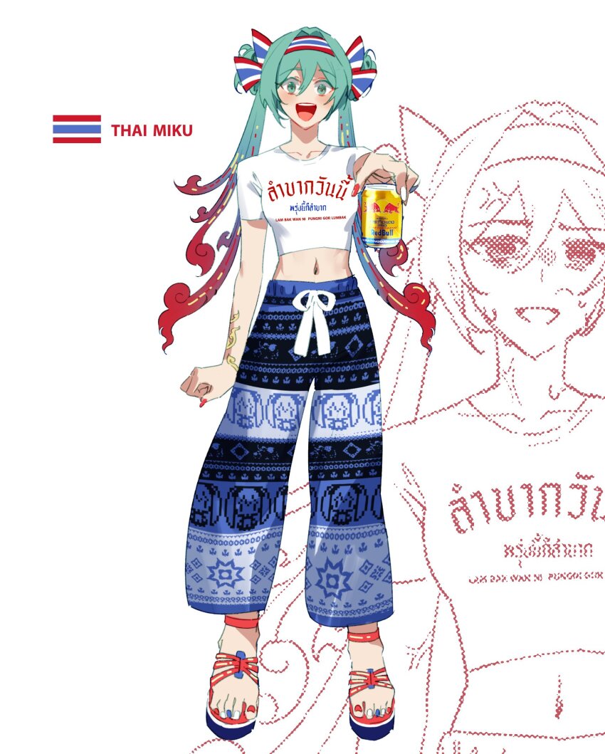 1girl aqua_eyes aqua_hair blue_pants bow bracelet can cropped_shirt full_body gradient_hair hair_bow hatsune_miku highres holding holding_can jewelry latin_american_hatsune_miku_(meme) looking_at_viewer lynnear midriff multicolored_hair nail_polish open_mouth pants print_pants red_bull sandals shirt simple_background smile solo striped_bow sweat thai_flag thai_text thailand toenail_polish toenails translation_request twintails vocaloid white_background white_shirt worldwide_miku
