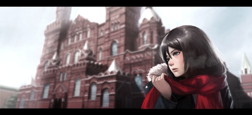 10s 1girl black_hair blue_eyes blurry depth_of_field female_focus girls_und_panzer highres jacket kremlin nonna_(girls_und_panzer) scarf solo usukuti
