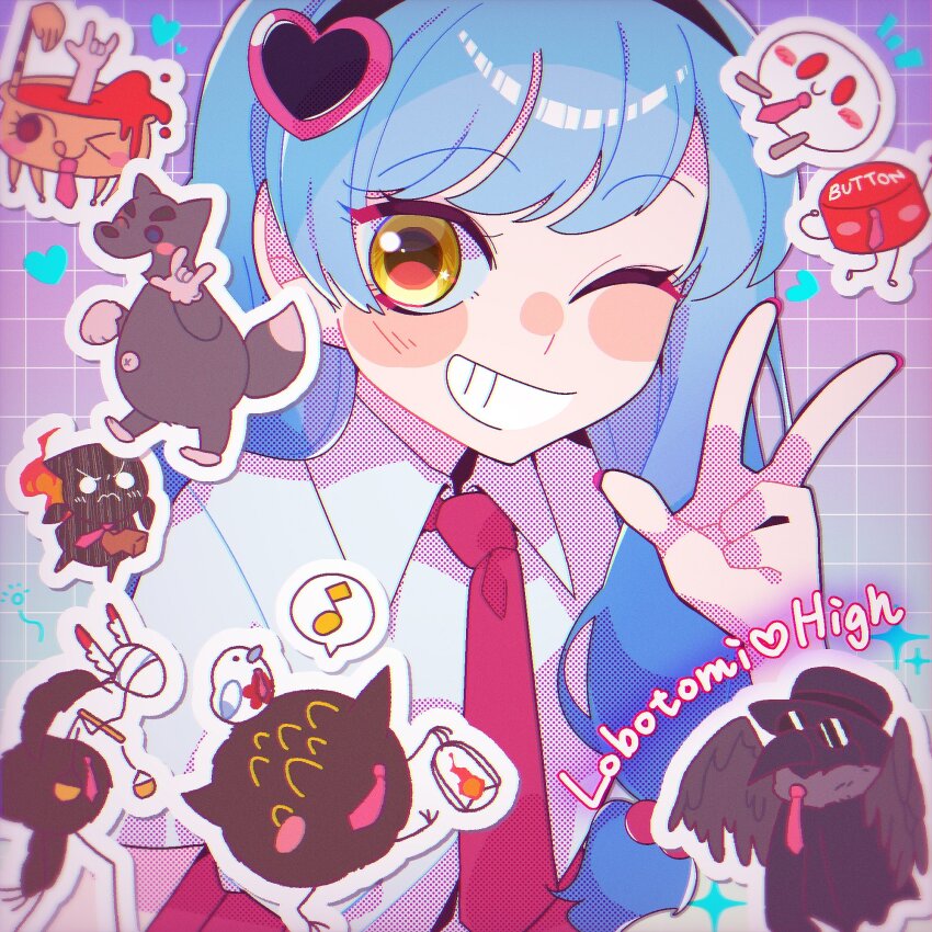 2girls all-around_helper big_and_will_be_bad_wolf big_bird_(project_moon) black_hairband bloodbath_(project_moon) blue_hair blush_stickers coat collared_shirt commentary don&#039;t_touch_me_(project_moon) english_commentary grin hairband hand_up heart heart_hairband highres judgement_bird lab_coat lobotomy_corporation long_hair looking_at_viewer multiple_girls nail_polish necktie one_eye_closed pink_nails plague_doctor_(project_moon) project_moon punishing_bird purikura queen_of_hatred red_necktie scorched_girl shirt smile teeth tomatomari upper_body very_long_hair w white_coat white_shirt yellow_eyes