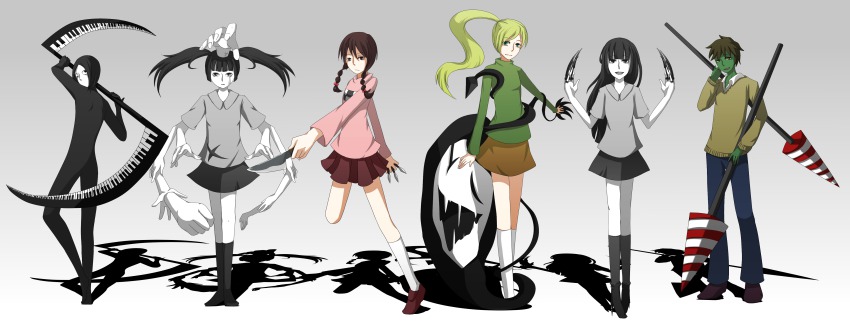 2boys 4girls 6274 6_9 absurdres between_fingers black_eyes black_hair black_socks blonde_hair braid brown_eyes brown_hair claw_(weapon) colored_skin drill extra_arms green_eyes green_shirt green_skin grey_background highres holding kneehighs knife kunai long_hair madotsuki monoe monoko multiple_boys multiple_girls piano_keys pink_shirt poniko ponytail scythe sekomumasada_sensei shadow shirt shitaisan short_hair skirt socks standing standing_on_one_leg twin_braids twintails uboa weapon white_legwear white_skin yume_nikki