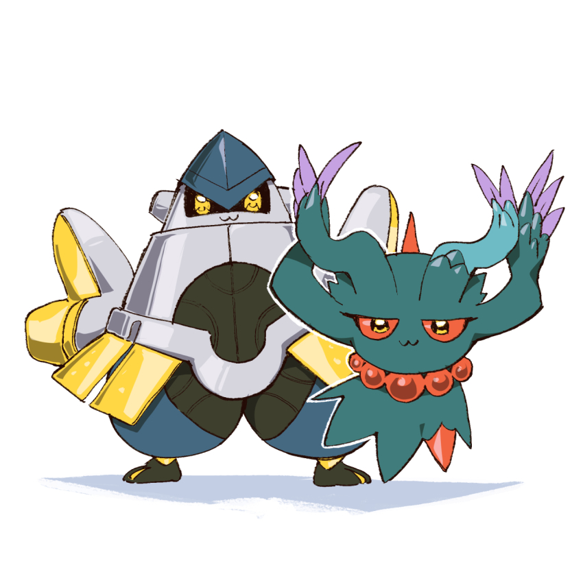 :3 black_eyes closed_mouth commentary floating flutter_mane go-lurk highres iron_hands_(pokemon) looking_at_viewer nintendo no_humans pokemon pokemon_(creature) poptepipic smile standing white_background yellow_eyes