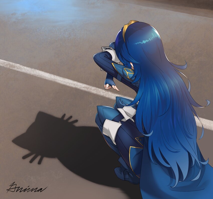 1girl armor blue_boots blue_cape blue_gloves blue_hair boots cape cat_shadow_puppet_(meme) commission fingerless_gloves fire_emblem fire_emblem_awakening gloves grimaisbestwaifu highres long_hair lucina_(fire_emblem) meme nintendo shadow_puppet short_hair shoulder_armor signature solo squatting tiara
