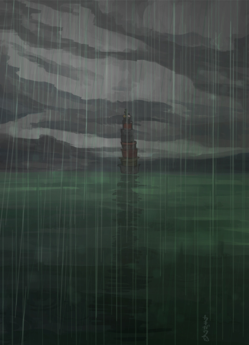 cloud cloudy_sky colored_sclera cooking_pot ebifurai_kakigwa grey_sky highres horizon looking_at_viewer nintendo no_humans ocean outdoors rain red_eyes salmon_run_(splatoon) sky splatoon_(series) stinger_(splatoon) straight-on water wide_shot yellow_sclera