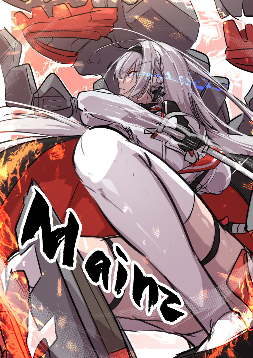 1girl absurdres azur_lane black_hairband braid character_name cross cross_earrings earrings from_below hairband highres holding holding_sword holding_weapon jewelry mainz_(azur_lane) oriue_wato rigging sketch solo sword thigh_strap thighhighs weapon white_hair white_thighhighs