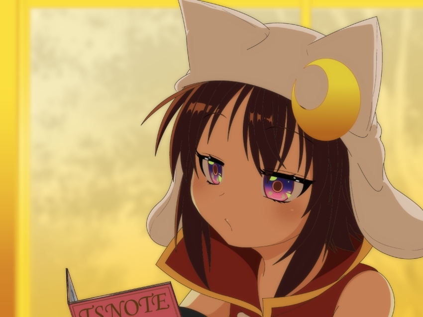 1girl book commentary_request crescent crescent_hat_ornament hat hat_ornament holding holding_book mikazuki_neko mikazuki_neko_(character) original portrait raised_eyebrows reading solo white_hat yellow_background