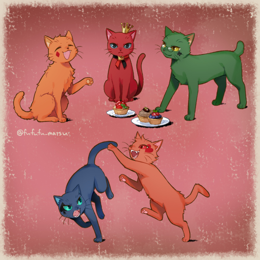 ace_trappola animal animalization cat cater_diamond chasing chasing_another&#039;s_tail commentary_request crown deuce_spade food funuyu glasses highres mini_crown no_humans pastry red_background riddle_rosehearts running trey_clover twisted_wonderland