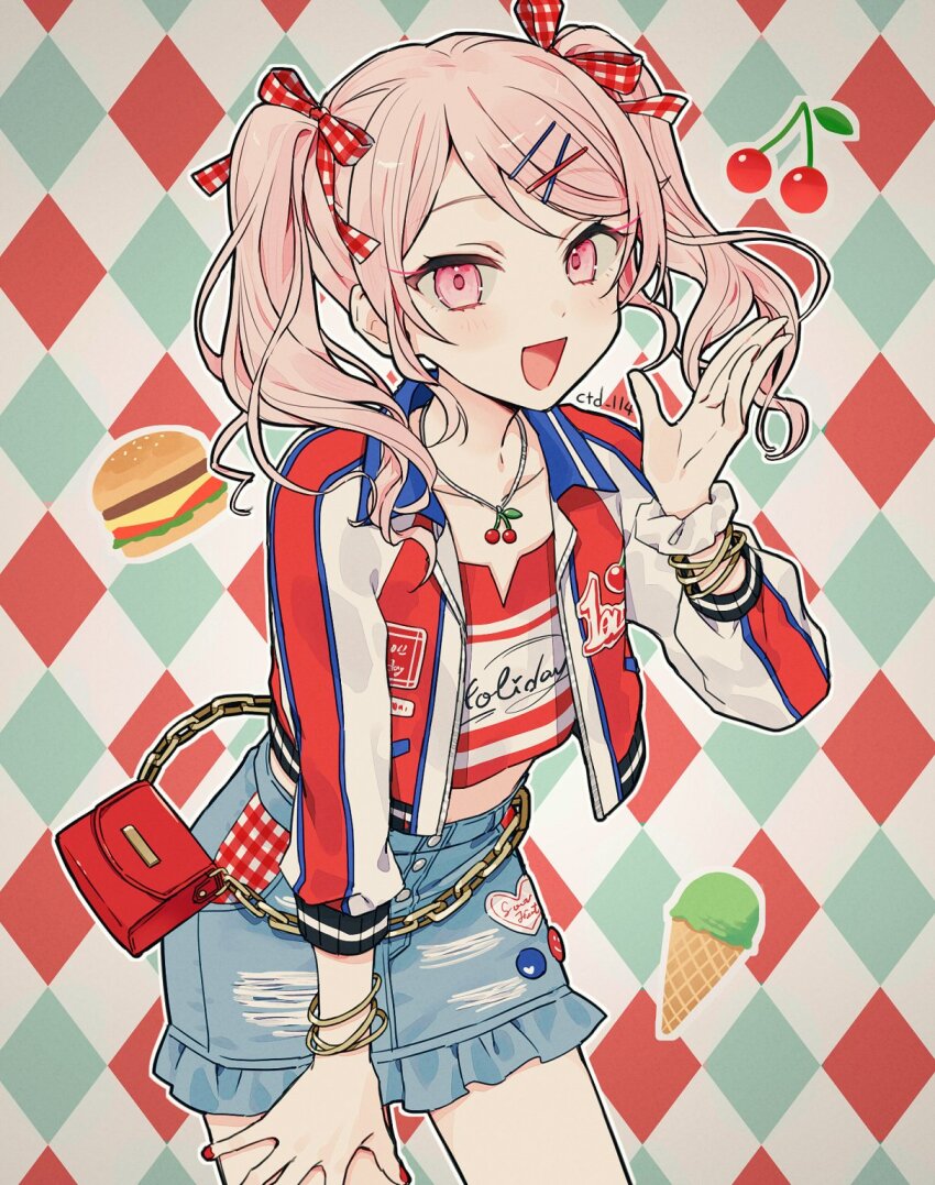 1other :d akiyama_mizuki argyle_background artist_name blue_skirt blush bracelet burger cherry collarbone commentary_request cowboy_shot cropped_shirt ctd_114 food fruit hair_ornament hair_ribbon hairclip hand_up highres ice_cream jacket jewelry long_sleeves looking_at_viewer medium_hair nail_polish necklace open_clothes open_jacket open_mouth outline pink_eyes pink_hair plaid_ribbon project_sekai red_bag red_jacket red_nails red_ribbon red_shirt ribbon scrunchie shirt skirt smile solo twintails white_outline white_scrunchie wrist_scrunchie
