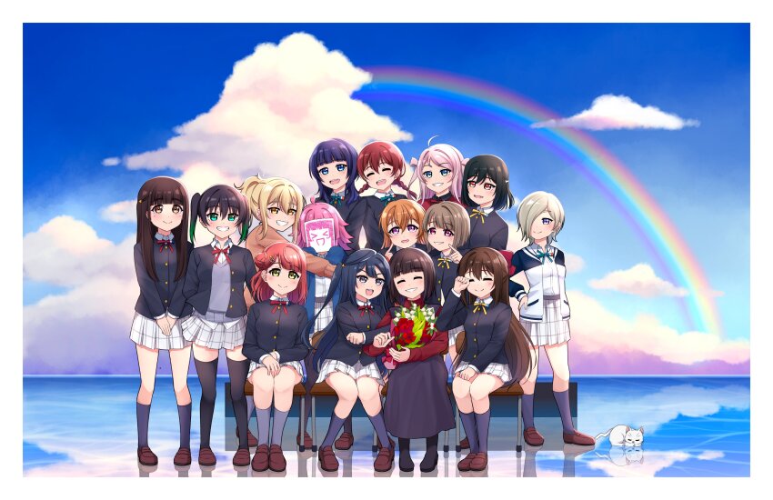 &gt;_&lt; 6+girls :&gt; :d ^_^ absurdres ahoge animal animification asaka_karin black_hair black_jacket black_sleeves black_socks black_thighhighs blazer blonde_hair blue_eyes blue_hair blue_jacket blue_sky blunt_bangs blunt_ends bouquet braid brown_cardigan brown_eyes brown_footwear brown_hair buttons cardigan cat chair closed_eyes closed_mouth cloud collared_shirt commentary covering_face dark_blue_hair drawing_(object) dress_shirt emma_verde finger_to_cheek flower gradient_hair green_eyes green_hair green_ribbon grey_eyes grey_sweater_vest grin group_picture hair_over_one_eye hand_over_eye hanpen_(love_live!) hayashi_coco highres holding holding_bouquet holding_drawing horizon jacket kishimen_hair konoe_kanata kusunoki_tomori letterman_jacket loafers long_hair long_sleeves love_live! love_live!_nijigasaki_high_school_idol_club low_twin_braids medium_hair mia_taylor mifune_shioriko miniskirt miyashita_ai multicolored_hair multiple_girls nakasu_kasumi neck_ribbon nijigasaki_school_uniform one_eye_covered open_clothes open_jacket open_mouth orange_eyes osaka_shizuku pink_eyes pink_hair plaid_clothes plaid_skirt pleated_skirt purple_eyes rainbow real_life red_ribbon reflective_floor ribbon rina-chan_board school_chair school_uniform shirt shoes sitting ska.harumi skirt sky sleeves_past_fingers sleeves_past_wrists smile socks split_mouth standing sweater_vest symbol-only_commentary takasaki_yu tennoji_rina thighhighs twin_braids two-tone_hair two_side_up uehara_ayumu v-shaped_eyebrows voice_actor voice_actor_connection white_jacket white_shirt white_skirt winter_uniform xd yellow_eyes yellow_ribbon yuki_setsuna zettai_ryouiki zhong_lanzhu