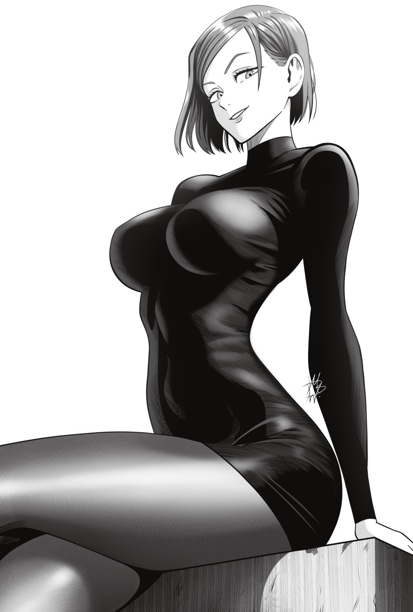 1girl absurdres black_dress breasts commentary dress english_commentary greyscale grin highres jujutsu_kaisen kugisaki_nobara large_breasts looking_at_viewer monochrome mostlybluewyatt pantyhose short_hair signature simple_background smile solo white_background