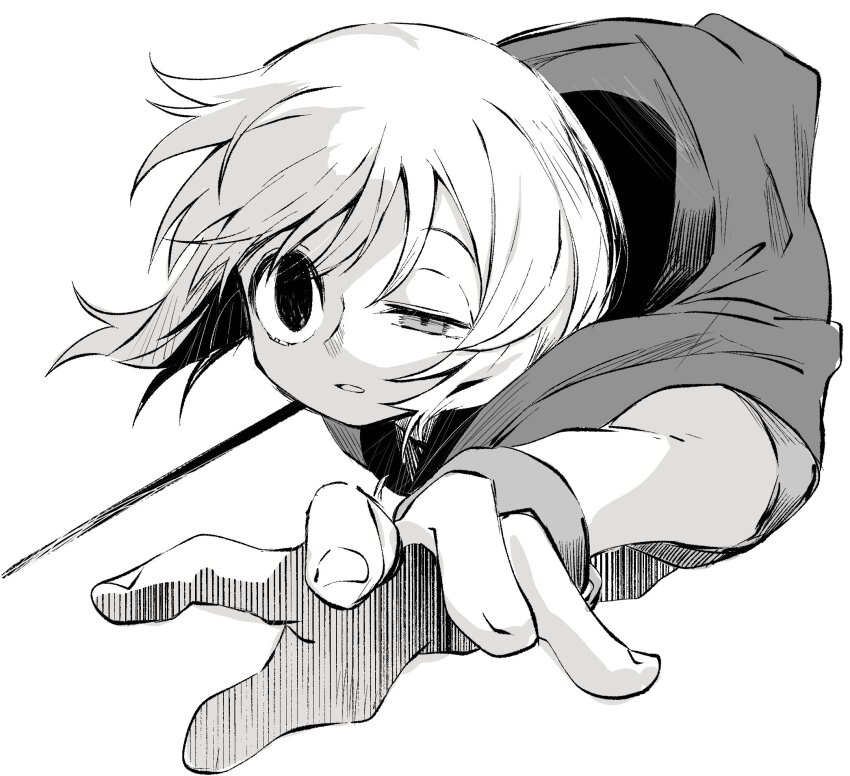 1girl cropped_torso cuffs foreshortening greyscale hatching_(texture) heterochromia highres holding holding_sword holding_weapon jumidoro linear_hatching monochrome parted_lips partially_blind ramune_(jumidoro) reaching reaching_towards_viewer shackles simple_background solo sukima_(crie) sword uneven_eyes weapon white_background