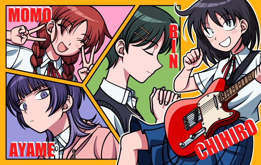 4girls :d black_eyes black_hair black_sweater_vest blue_skirt blunt_bangs braid breast_pocket brown_hair character_name collared_shirt commentary double_v dress_shirt electric_guitar fender_telecaster fujii_ayame futsuu_no_keion-bu gonggi guitar guitar_strap hands_up hatono_chihiro heartbreak_(futsuu_no_keion-bu) highres holding holding_guitar holding_instrument hood hood_down hooded_jacket instrument interlocked_fingers jacket kouyama_rin long_hair mole mole_under_eye multiple_girls neck_ribbon open_clothes open_jacket open_mouth own_hands_clasped own_hands_together parted_bangs pink_jacket pleated_skirt pocket purple_eyes purple_hair red_ribbon ribbon school_uniform shirt shirt_tucked_in short_sleeves skirt smile summer_uniform sweater_vest twin_braids twintails uchida_momo v white_shirt wing_collar wolf_cut