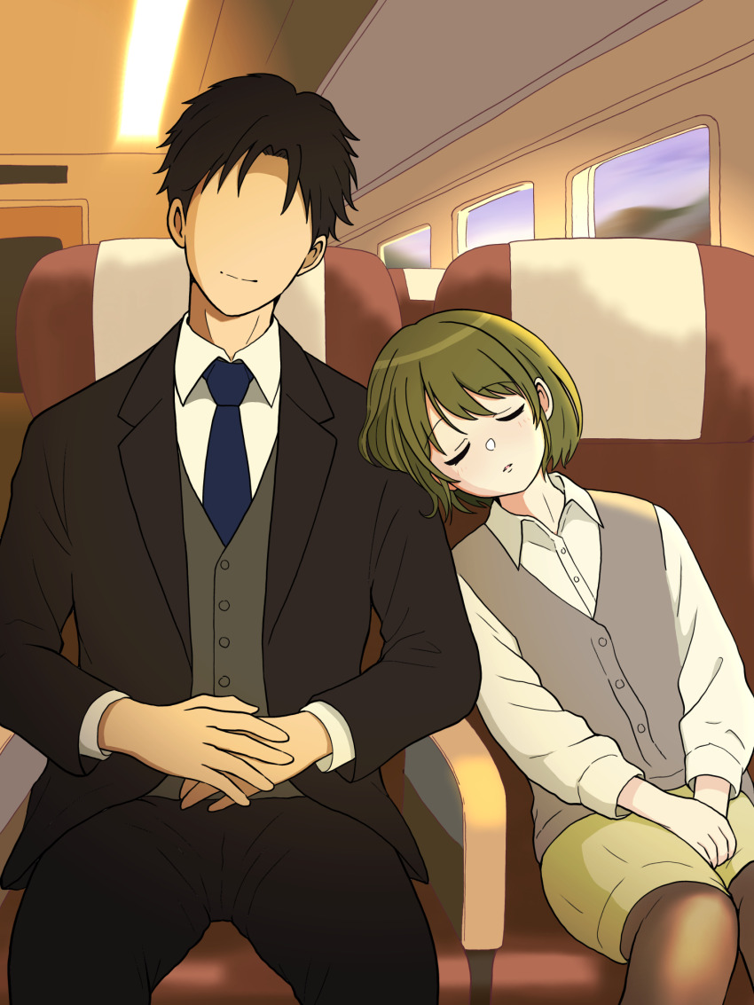 1boy 1girl black_hair black_jacket black_suit blue_necktie brown_pantyhose commentary_request faceless faceless_male feet_out_of_frame formal_clothes green_hair grey_vest highres hondy_(user_gcxa2842) idolmaster idolmaster_shiny_colors jacket leaning_on_person leaning_to_the_side light_smile nanakusa_nichika necktie own_hands_together pantyhose pantyhose_under_shorts producer_(idolmaster) shirt short_hair shorts sitting sleeping suit train_interior vest white_shirt
