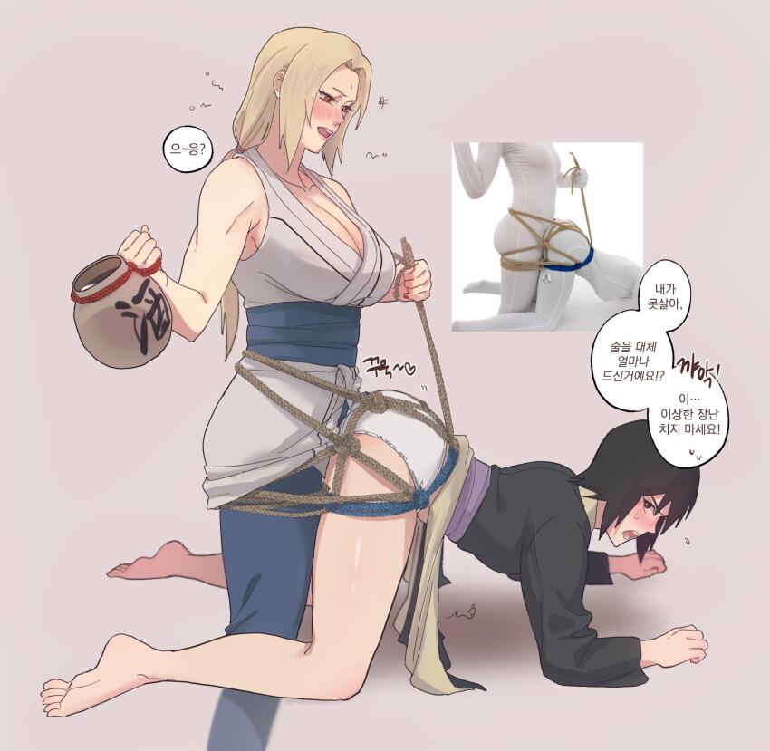 2girls all_fours bdsm black_eyes black_hair blonde_hair bondage bound bound_together breasts brown_eyes cleavage commentary_request doggystyle drunk dry_humping facial_mark femdom forehead_mark highres holding holding_jar humping japanese_clothes jar korean_commentary korean_text large_breasts may_c multiple_girls naruto_(series) no_pants open_mouth panties reference_inset rope sex_from_behind shizune_(naruto) signature squeans translation_request tsunade_(naruto) underwear white_panties yuri