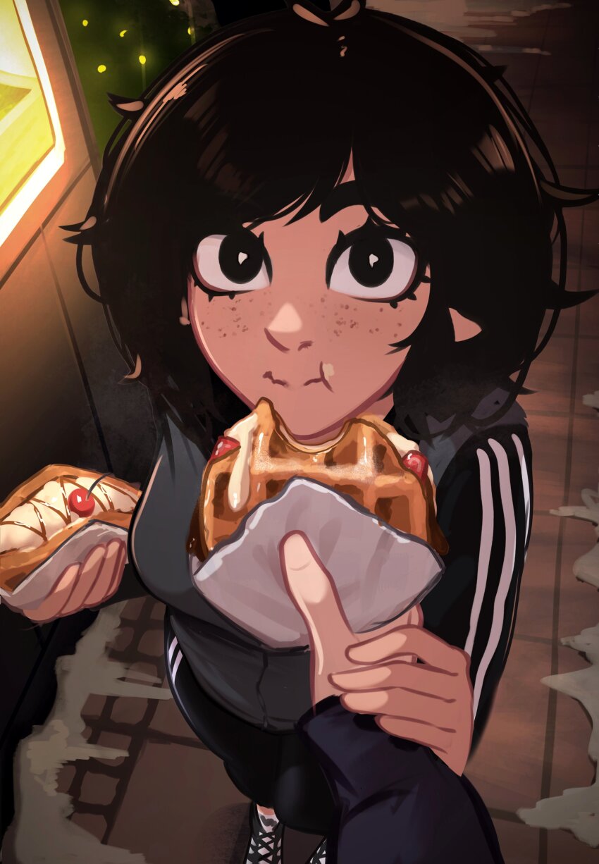 absurdres food freckles highres tagme tomboy veyonis waffle yuna_(veyonis)