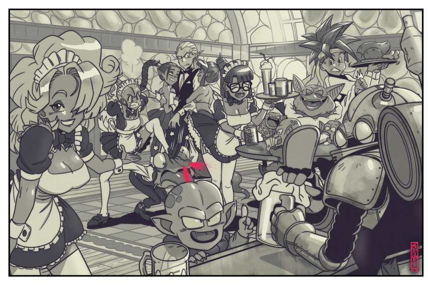 alternate_costume angry apron ayla_(chrono_trigger) beer_mug bikini bikini_top_only blood border bow bowtie braid braided_ponytail breasts card chrono_trigger cleavage clenched_teeth closed_eyes clothes_lift crono_(chrono_trigger) cup detached_collar enmaided fangs flea_(chrono_trigger) food frog_(chrono_trigger) garter_straps greyscale grin hair_over_one_eye hair_slicked_back headband highres ice_cream index_finger_raised large_breasts lipstick lucca_ashtear magus_(chrono_trigger) maid maid_apron maid_headdress makeup marle_(chrono_trigger) medium_breasts monochrome mug naga_(chrono_trigger) nosebleed open_mouth ozzie_(chrono_trigger) playing_card pointy_ears robo_(chrono_trigger) robot ryan_jampole signature skirt skirt_lift smile spot_color strapless sundae sweatdrop swimsuit teeth thighhighs tray tube_top turkey_(food) white_border wrist_cuffs