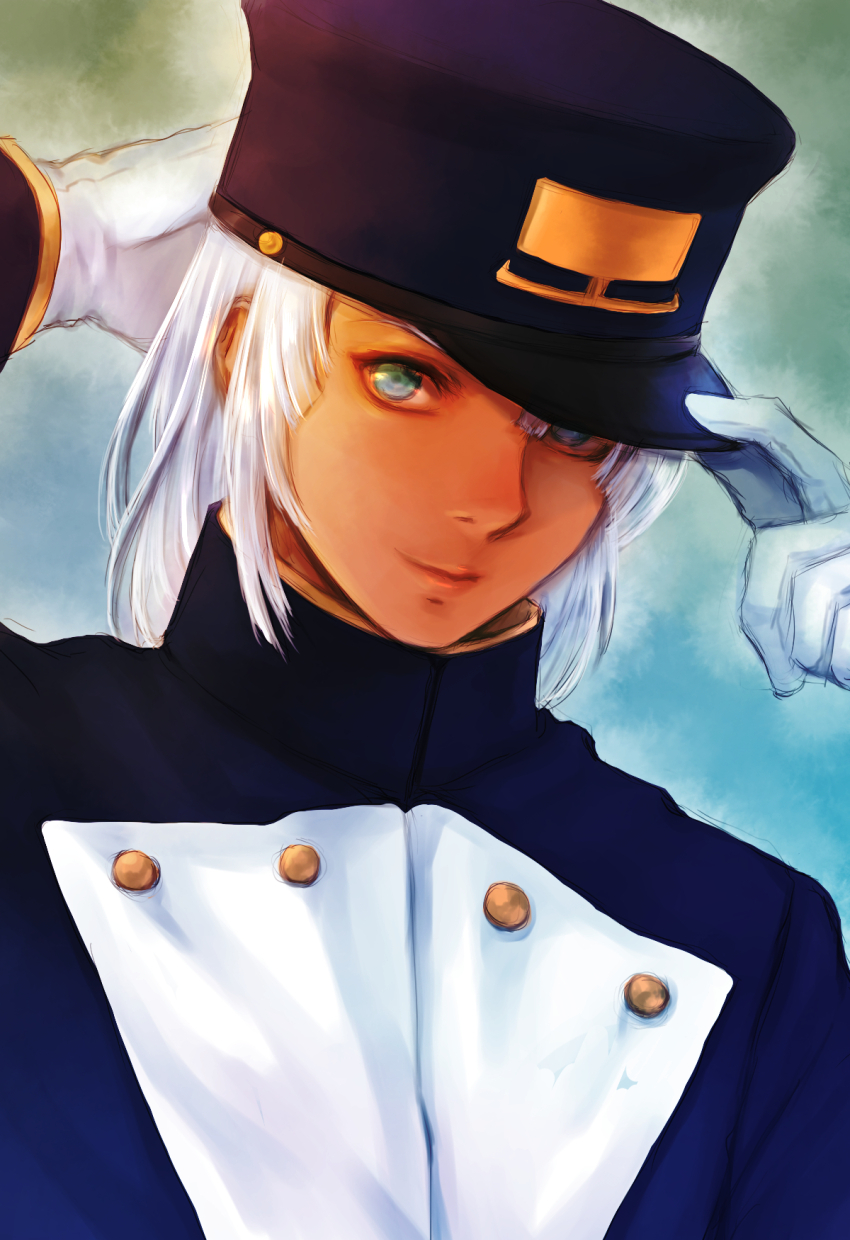 1boy adjusting_clothes adjusting_headwear blue_background buttons dark-skinned_male dark_skin gloves gradient_background green_background green_eyes gundam hat highres jacket looking_at_viewer loran_cehack male_focus simple_background smile solo takeda_yuuko turn_a_gundam upper_body white_gloves white_hair