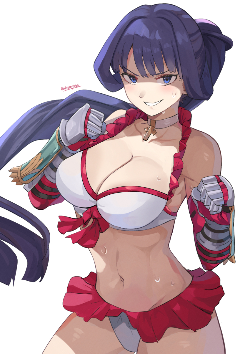 1girl armored_gloves bikini blue_eyes breasts cleavage clenched_hand cowboy_shot daweykun fate/grand_order fate_(series) fighting_stance frilled_bikini frills highres large_breasts long_hair looking_at_viewer martha_(fate) martha_(swimsuit_ruler)_(fate) martha_(swimsuit_ruler)_(third_ascension)_(fate) midriff navel purple_hair simple_background solo sweat swimsuit thighs twitter_username white_background white_bikini