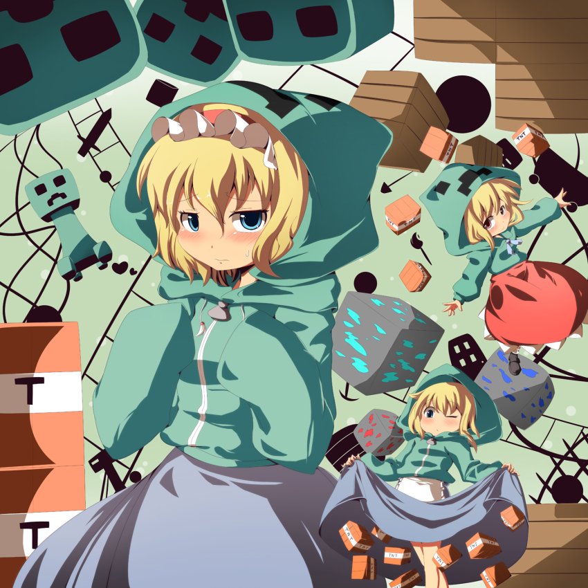 3girls alice_margatroid blonde_hair blue_eyes blush creeparka creeper crossover explosive hairband highres hood hoodie hourai_doll matching_hourai matching_shanghai meracle minecraft multiple_girls one_eye_closed parka red_eyes shanghai_doll short_hair skirt skirt_hold tnt tnt_block_(minecraft) touhou wink