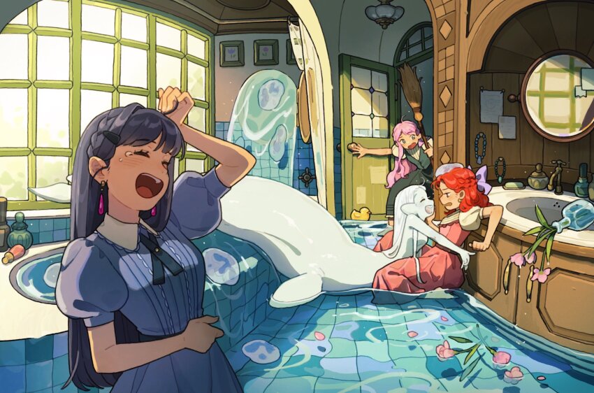 4girls ^_^ ahoge bathroom bathtub black_hair blue_dress broom carol_cao closed_eyes colored_skin commentary day door dress earrings english_commentary fins fish_girl fish_tail flower highres holding holding_broom indoors jewelry monster_girl multiple_girls open_mouth original pointy_ears puffy_short_sleeves puffy_sleeves red_hair scenery short_sleeves sink tail tearing_up tile_floor tiles water white_skin window